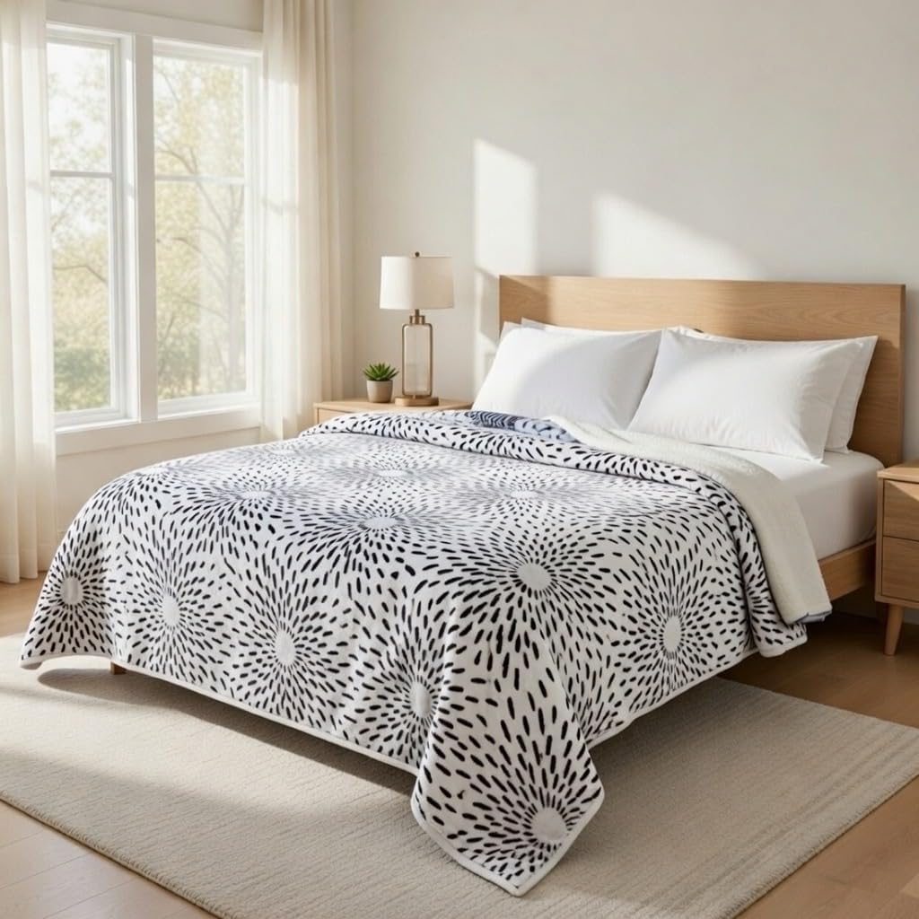 Sacred Thread Fleece Blanket 79"x95" – Reversible South Western Design, Vibrant Aztec Pattern for Home, Native American Style, Big Floral Firework, Boho Blanket Purple Queen