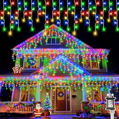 Icicle Lights Outdoor Gcstnn 20M 480LEDs Icicle Christmas Lights Mains Powered with Timer &Waterproof&Memory Hanging Fairy Light for Outside House Gutter Roof Window Wall Xmas Decorations-Multicolour