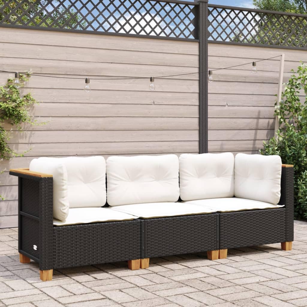 Sofá Jardín de Ratán de 3 Plazas, Sofá Exterior Negro Modular con Cojines Acolchados, Dimensiones 190.5 x 63.5 x 62 cm