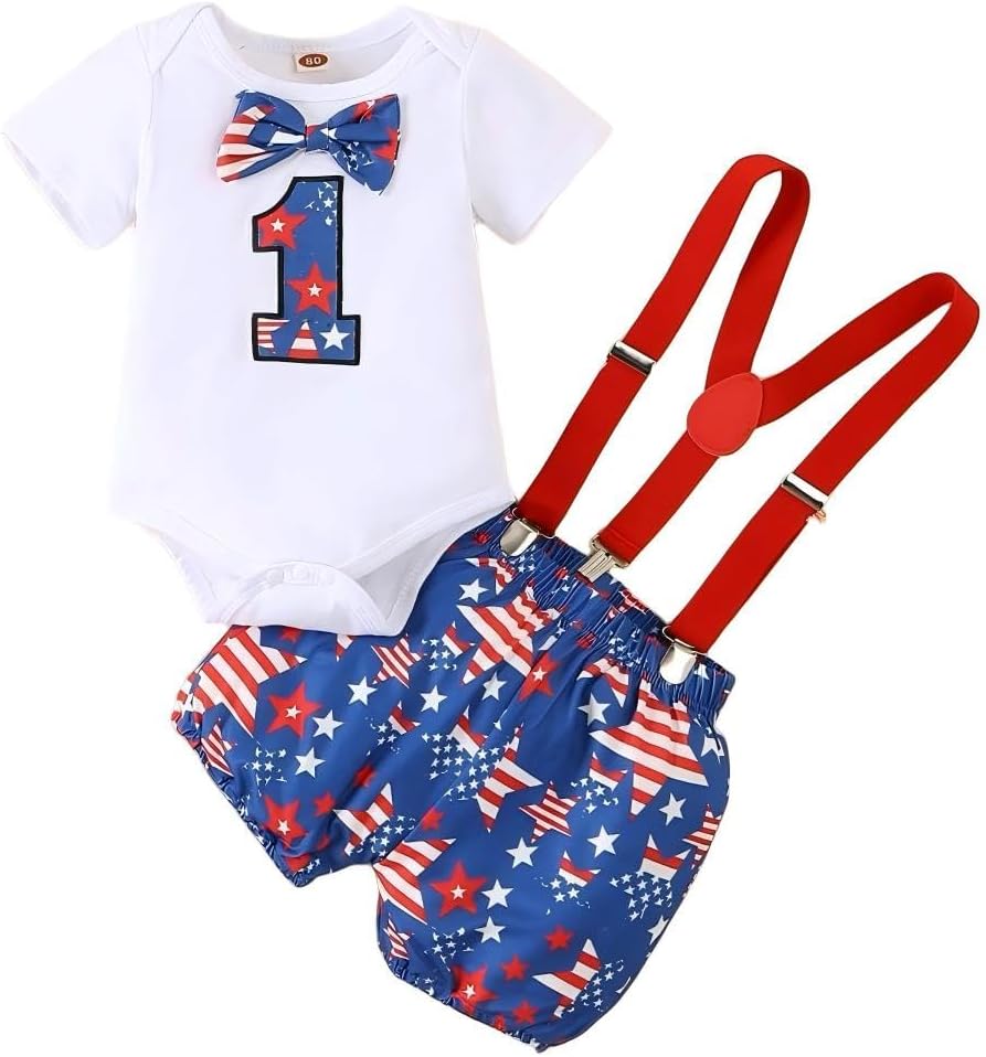 Baby Boy My First Birthday Outfits Infant Bow Tie Romper with Suspenders Cake Smash 1 Year Old Birthday Clothes