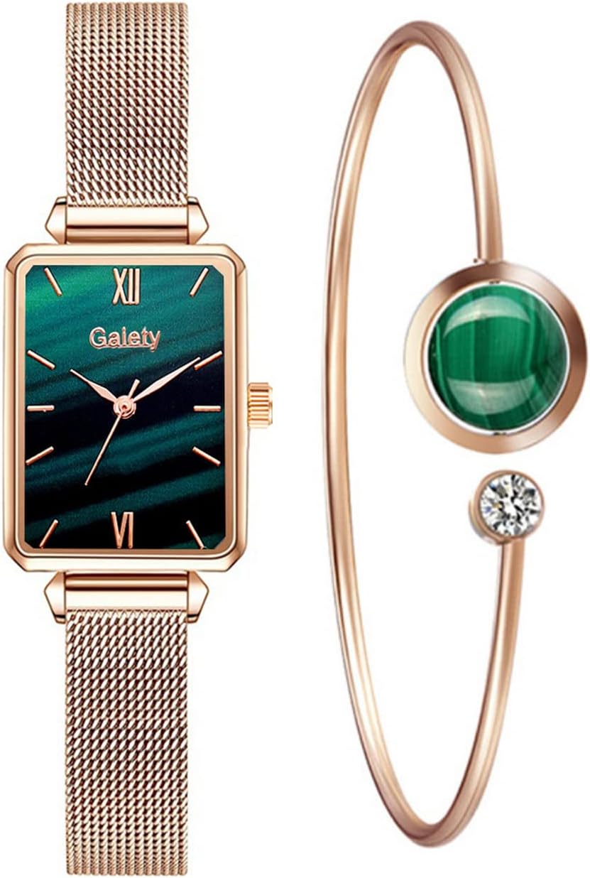 Women Watche Alloy Mesh Strap Small Green Watch Bracelet Set Square Head Quartz Dress Wrist Watches