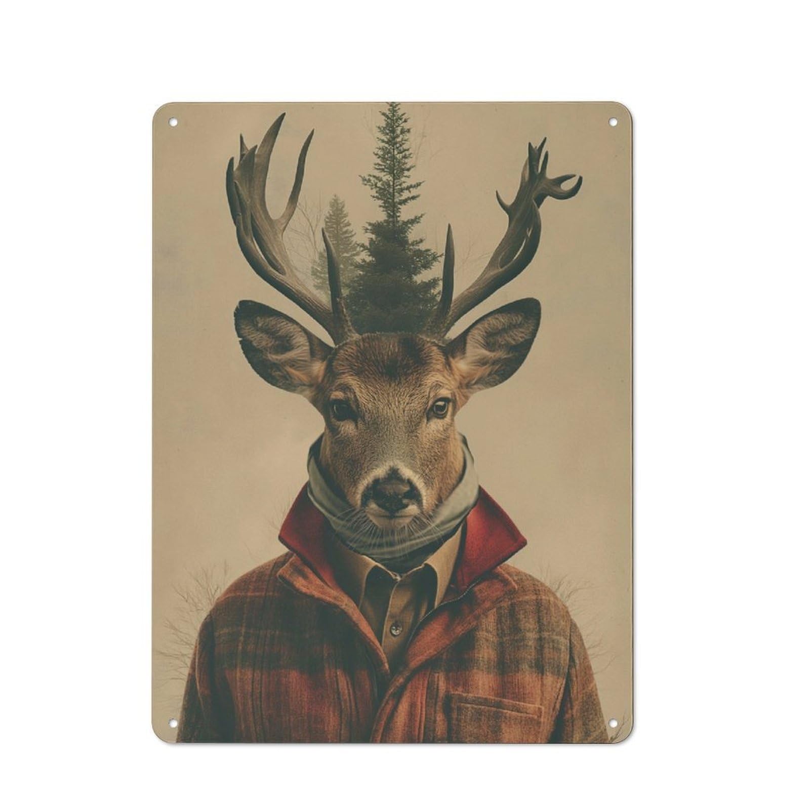 Junmoney Deer In A Plaid Jacket Decorative Metal Plaque With Design 40X30cm, Modern Retro Studio Wall Art For Workspace, Cafe, Hallway Or Garage