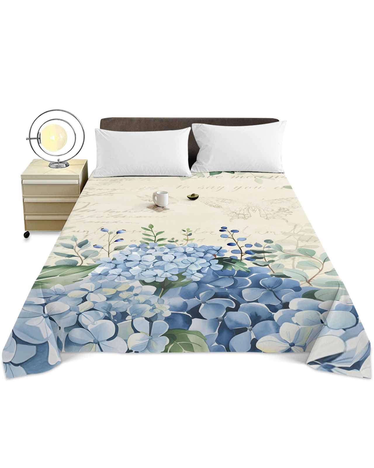 Queen Size Top Sheet Only, Blue Hydrangea Rustic Eucalyptus Flat Sheet Microfiber Breathable Soft Bed Sheets, Farmhouse Blue Flower Hotel Bedding Flat Sheets for Bedroom