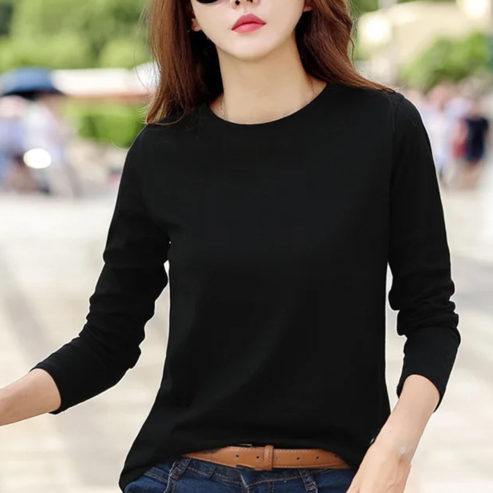 Manica lunga Donna Girocollo Top Bottoming Camicia Plus Size Large Size T-Shirt Cotone Tinta unita Abbigliamento Donna