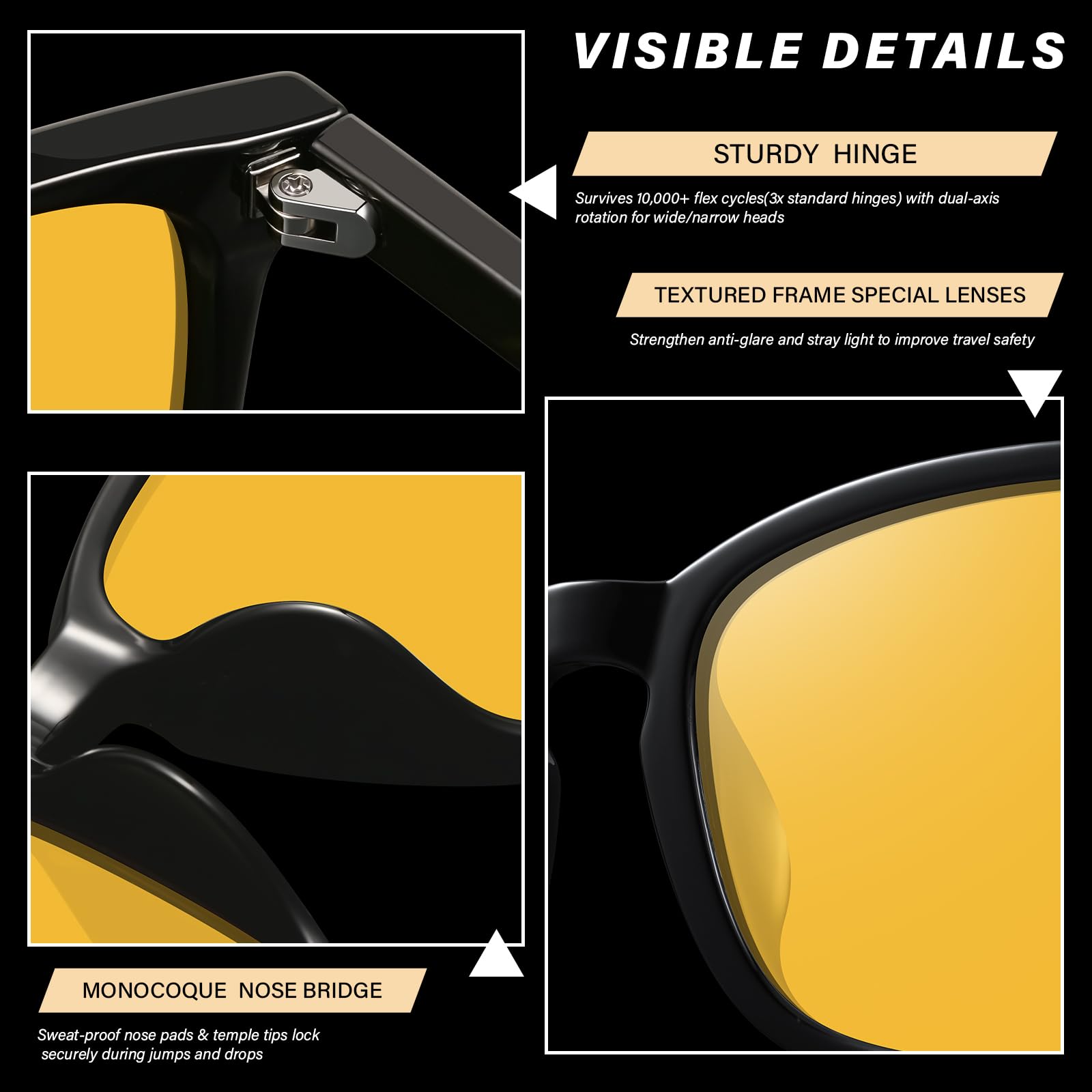 KUGUAOK Occhiali polarizzati per visione notturna per le donne Occhiali da vista leggeri Montatura Notte Anti Glare Occhiali da guida Lenti gialle