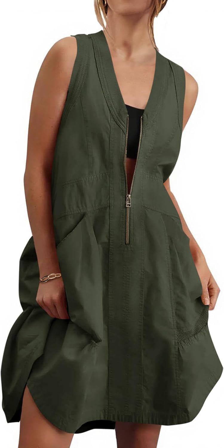 Sleeveless tank dress with half zip pockets and mesh back