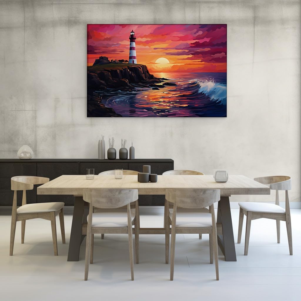 Canvas for Living room. Lighthouse Vigil over a Fiery Seascape Sunset, 27 x 18 inch Canvas Wall Art - Tranquility - Modern Home Decor