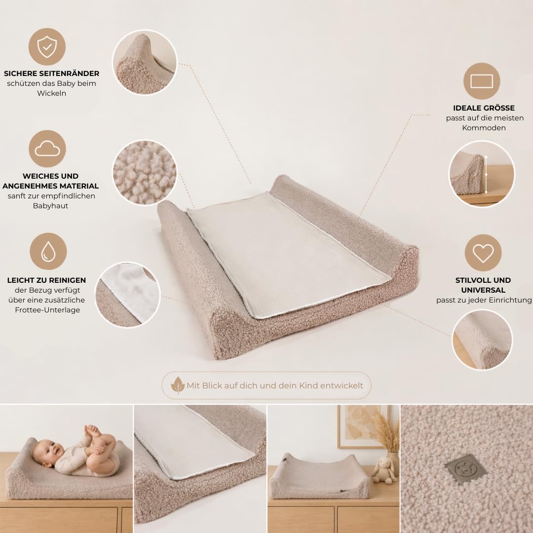 Wiklinopol Wickelauflage 50x70 cm Baby – 3in1 Set mit abnehmbarem Teddy-Plüsch-Bezug (beige) Wickelunterlage abwaschbar mit Umrandung + wasserdichte Frottee-Wickeltischauflage für unterwegs