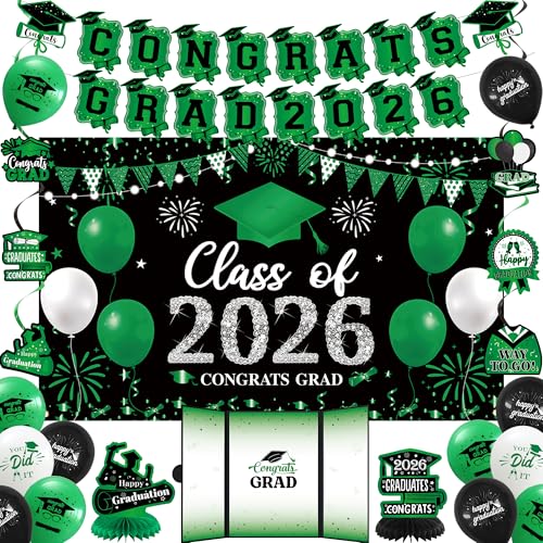 Image of Vlipoeasn Green 2026 Graduation Party Decorations 2026 College /High School Graduation Decorations Party Supplies, Black and Green Class of 2026 Congrats Grad Backdrop Banner Signature Book