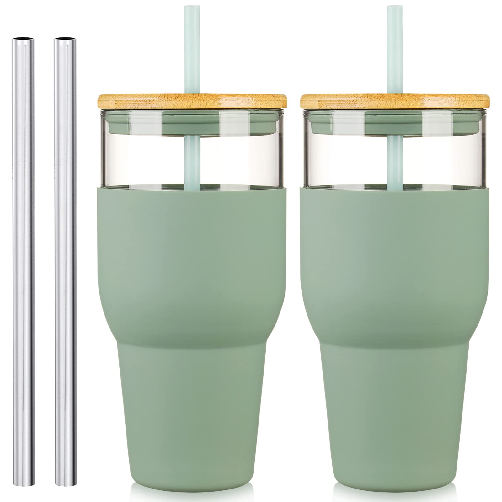kytffu 32oz Glass Tumbler with Straw and Lid, Reusable Boba Smoothie Cup Iced Coffee Tumbler with Silicone Sleeve, Fits Cup Holder Glass Water Bottle BPA Free, Olive 2PCS