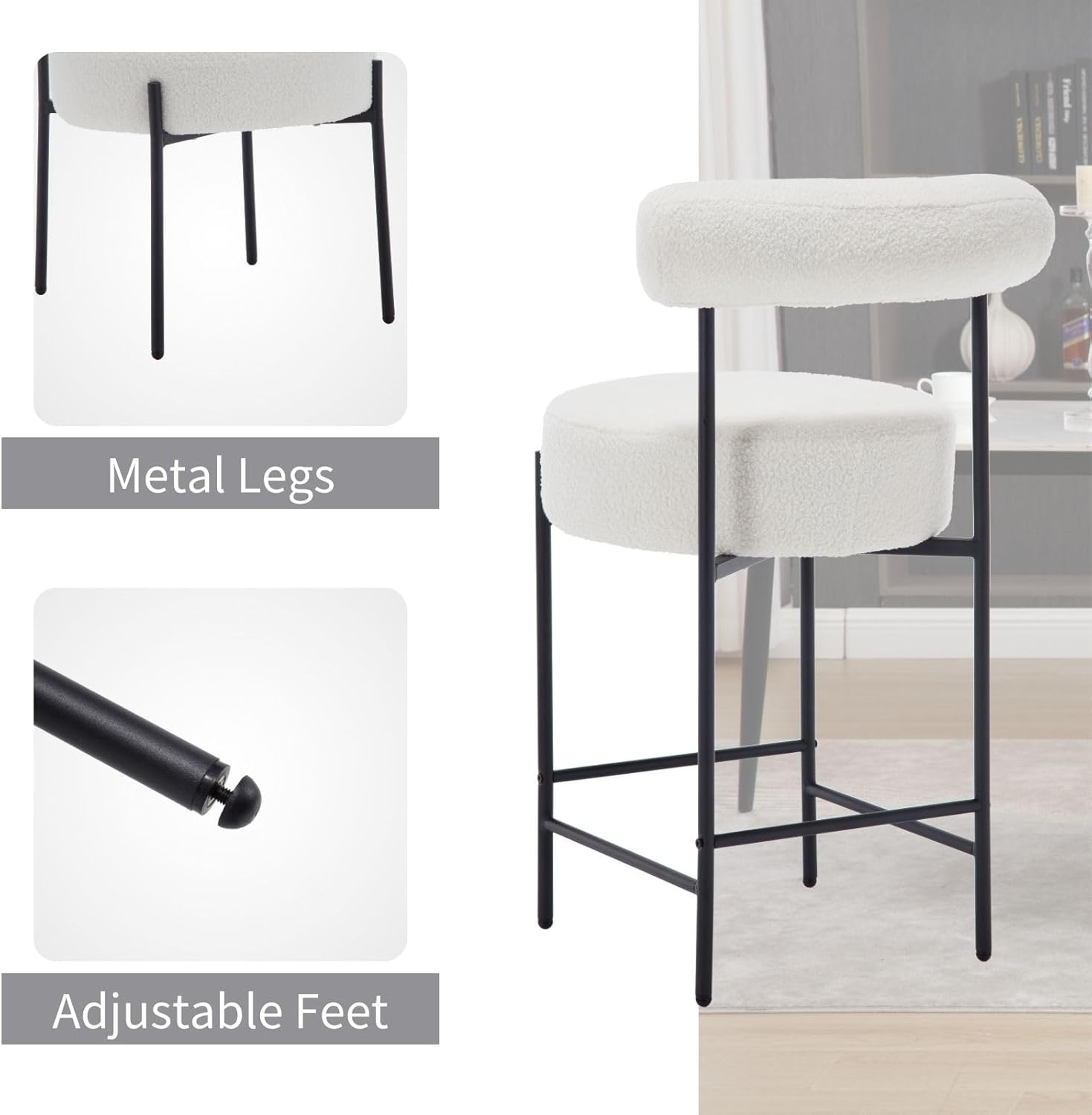 ROCITY Modern Upholstered Bar Stools Set of 4 White Boucle Counter Stools with Barrel Back 26 Inch Kitchen Island Chairs with Metal Legs