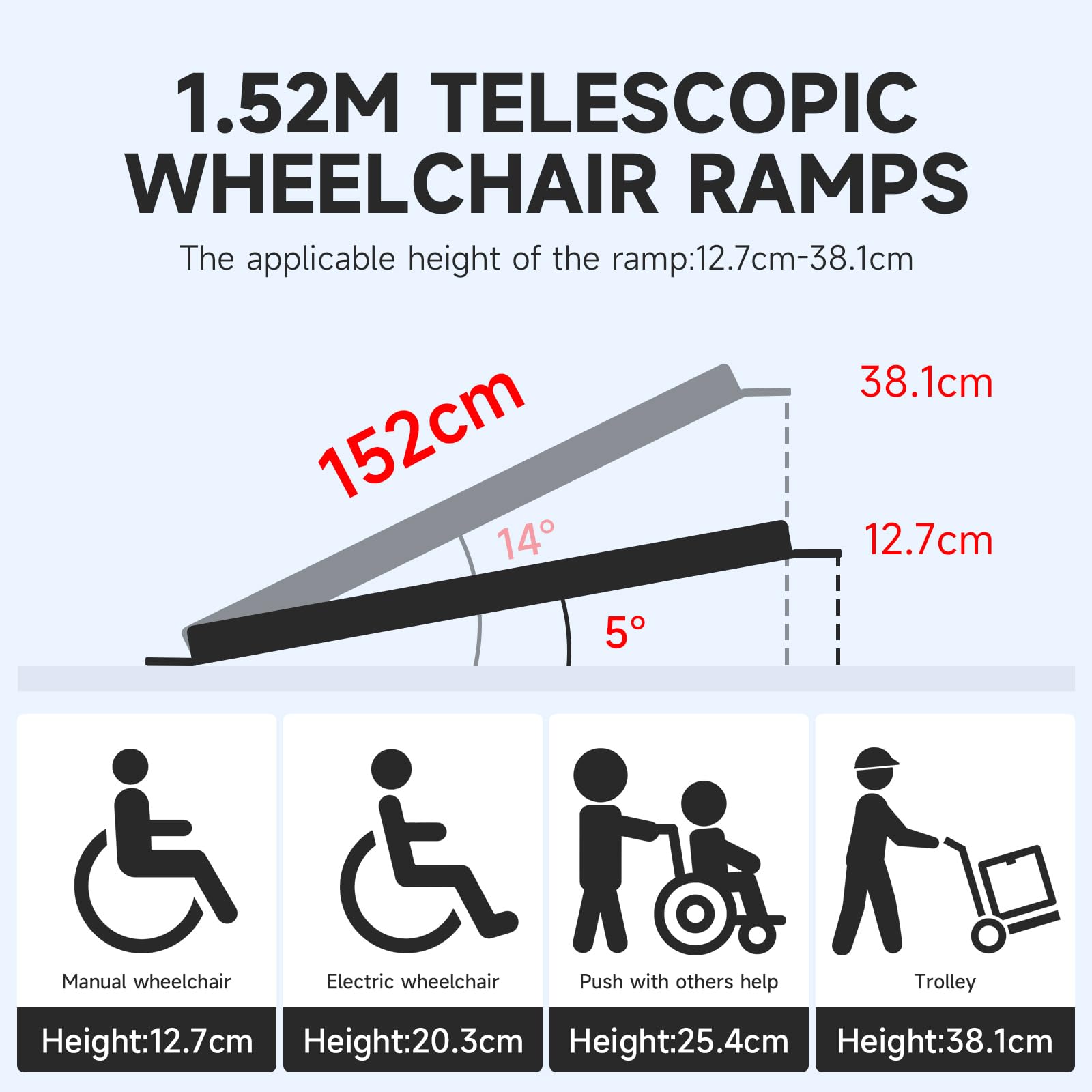 2 PCS Rampa para Silla de Ruedas, Rampa de Acceso Ajustable de 90 a 152 cm, Carga Máxima 272 kg, Rampas Telescópicas de Longitud Variable con Superficie Antideslizante