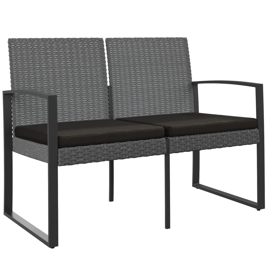 2-osobowa ławka ogrodowa z poduszkami, ciemnoszara, rattan PP, stal malowana proszkowo, 103, 5x57x77, 5 cm, 110 kg, do ogrodu i tarasu, komfortowe siedzisko z podlokietnikami, łatwe czyszczenie