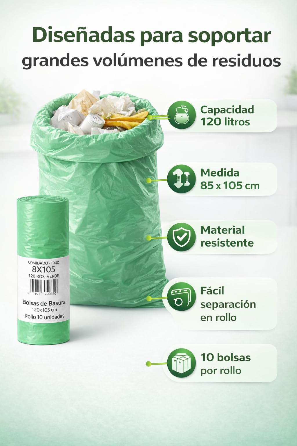 Bolsas de Basura Verdes 120L (85x105 cm) – Rollo de 10 Bolsas Resistentes | Bolsas Industriales para Contenedor Grande | Uso Doméstico y Profesional | Pack de 15, 30 o 60 Rollos (30)