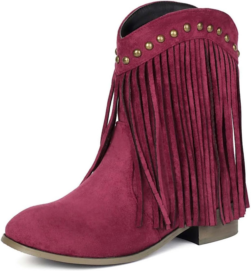 Retro Cowboy Boots Women Western Fringe Booties Low Heel Rivet Ankle Boots
