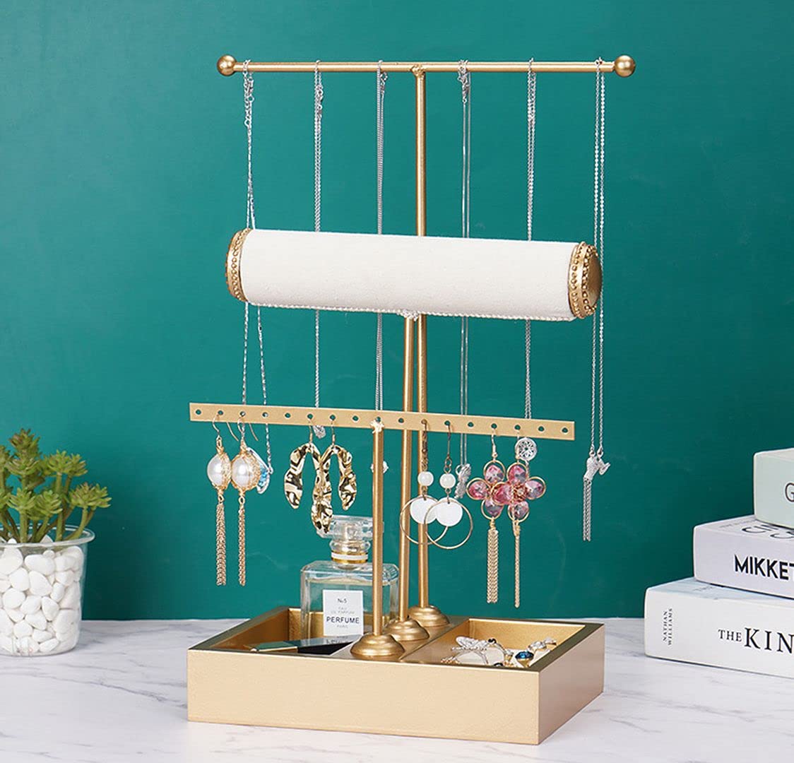 ChezMax Triple Tier Jewery Display Removable Bracelet Holder Jewelry Stand Necklace Stand Jewelry Towers and Watch Holder for Home Organization(T- Gold)