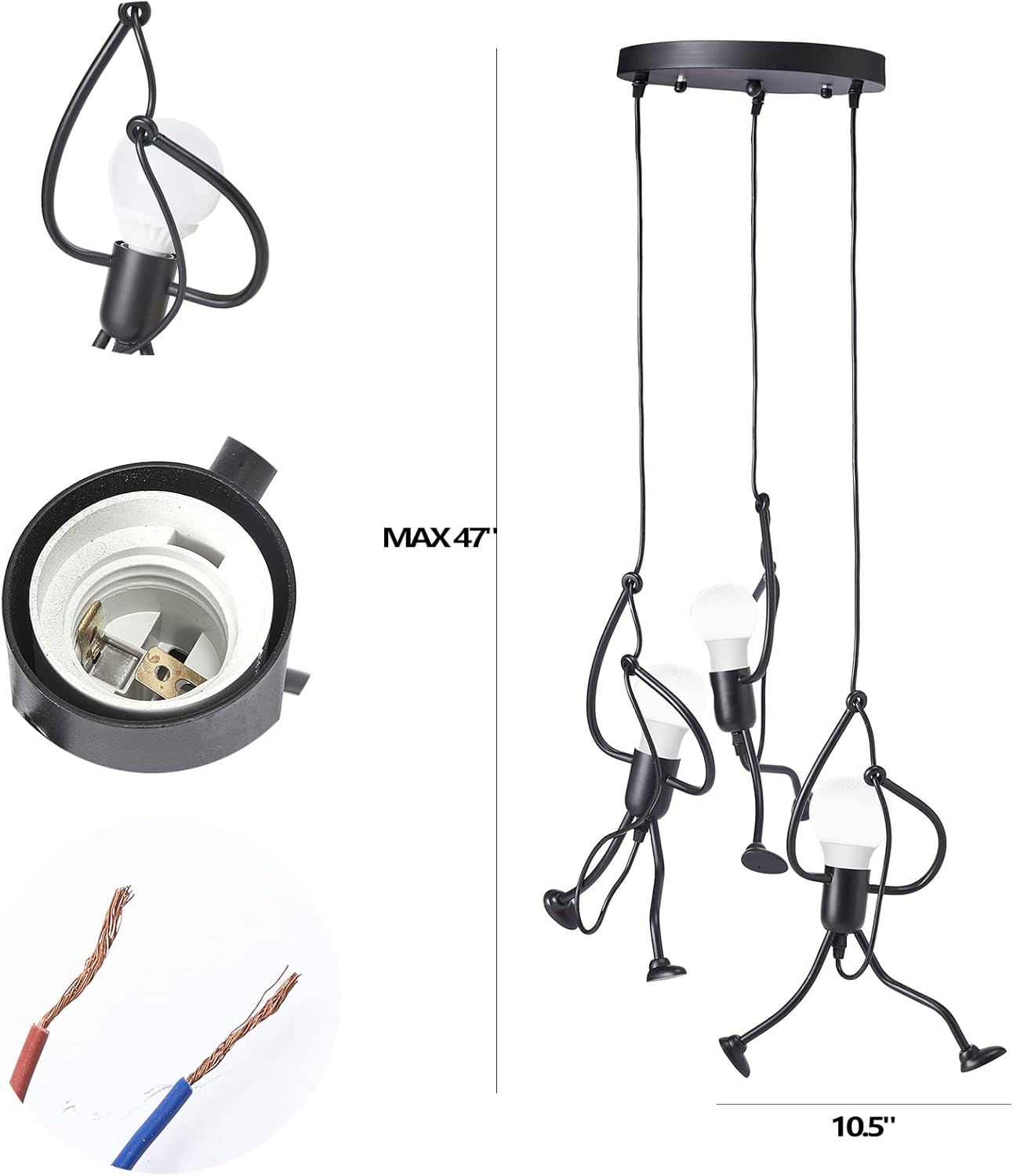 Hanging Man Pendant Light, Swinging Humanoid Fixture, Ceiling, 3-Light Mount Modern Black Industrial Lamp, Stick Figure Lighting Chandelier Kitchen, Hallwa, Bedroom, Dining Room, Entryway 47" H, Gift