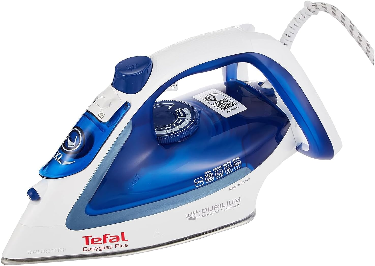 TEFAL Steam Iron | Easygliss Durilium Airglide Soleplate Iron Steamer | 2400 W | 270 ml | Blue/White | 2 Years Warranty | FV5715M0