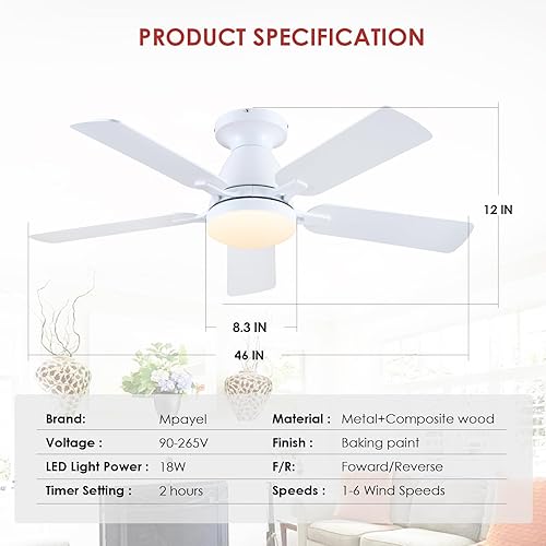 Miniatura 40 de Ventiladores de techo con luces, ventilador de techo interior de perfil bajo de 46 pulgadas con luz y control remoto/aplicación, montaje empotrado