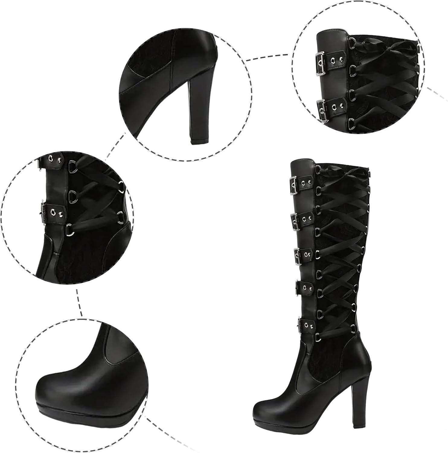 Victorian Boots for Women Knee High Lace Up Adjustable Buckle Block Heel Goth Vintage 70s Tall Boots Halloween Cosplay Costume Footwear for Party Festival Renaissance Themed Event
