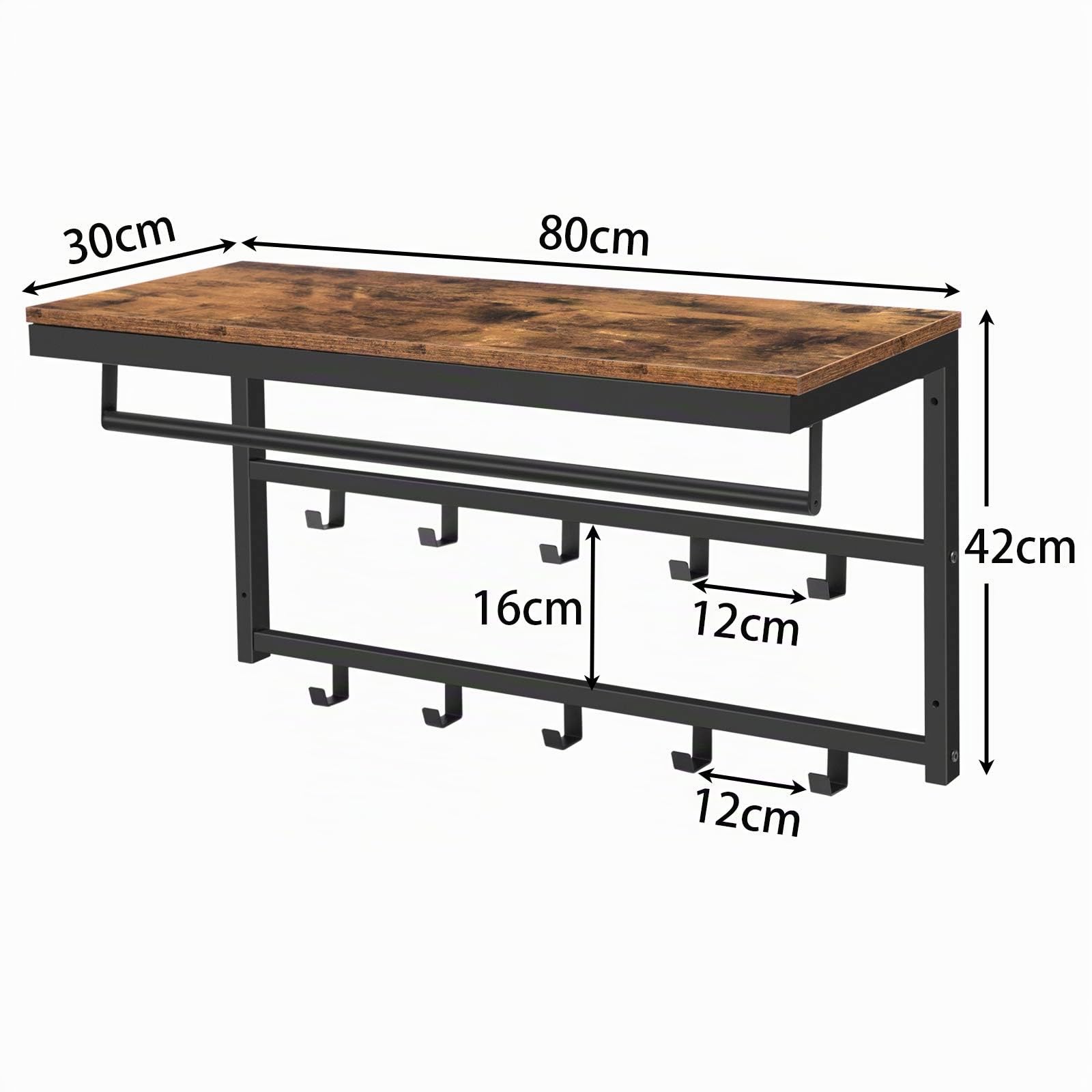 HOOBRO Appendiabiti da Parete, Attaccapanni da Muro con 10 Ganci, Mensola da Muro con Barra Appendiabiti, Mensola Portaoggetti, 80 x 30 x 42 cm, per Ingresso, Camera da Letto, Bagno EBF12YM01