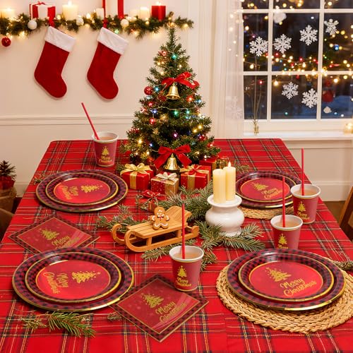 125 PCS Christmas Paper Plates and Cups Party Supplies, Red Christmas Tree Party Paper Plates and Cups, Disposable Tableware Set, Serve for 25 Guests – Image 7