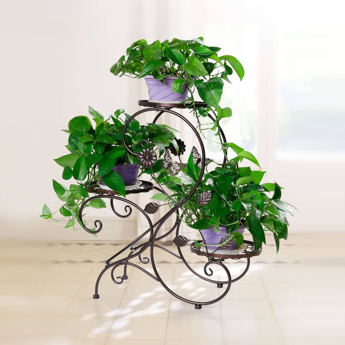 HLC Supporto per piante in metallo Supporto per vaso da fiori con 3 pneumatici interni ed esterni a forma di S 60* 26* 64CM (bronzo)