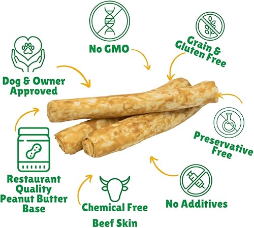 Miniatura 2 de Lucky Premium Treats Palitos de toro de cuero crudo con mantequilla de maní, golosinas naturales de cuero crudo y mantequilla de maní para perros,