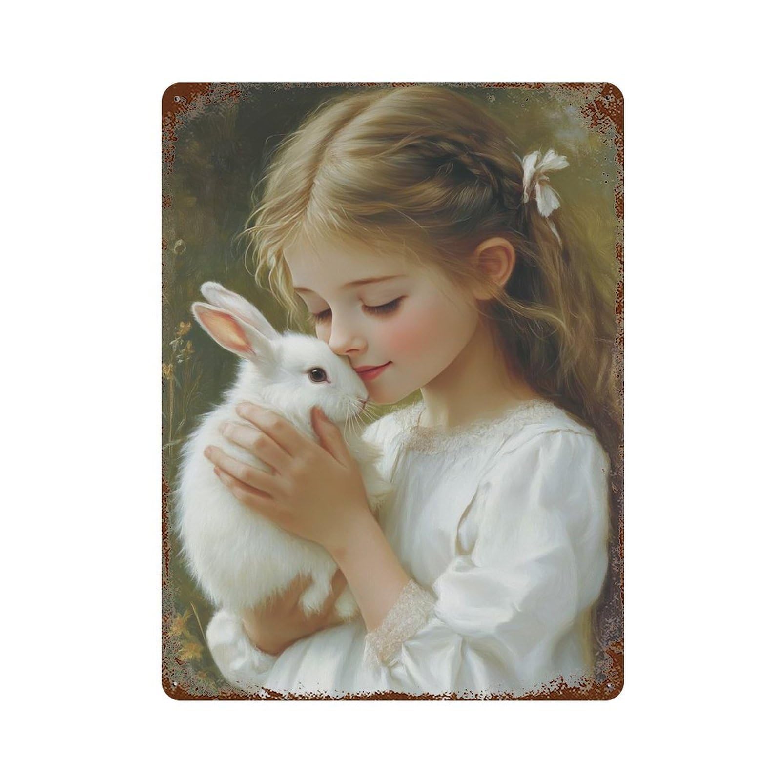 Weathered Tin Sign Girl And Rabbit 15.7"x11.8", Rustic Home Decor for Bistro, Counter And Cafe Decor