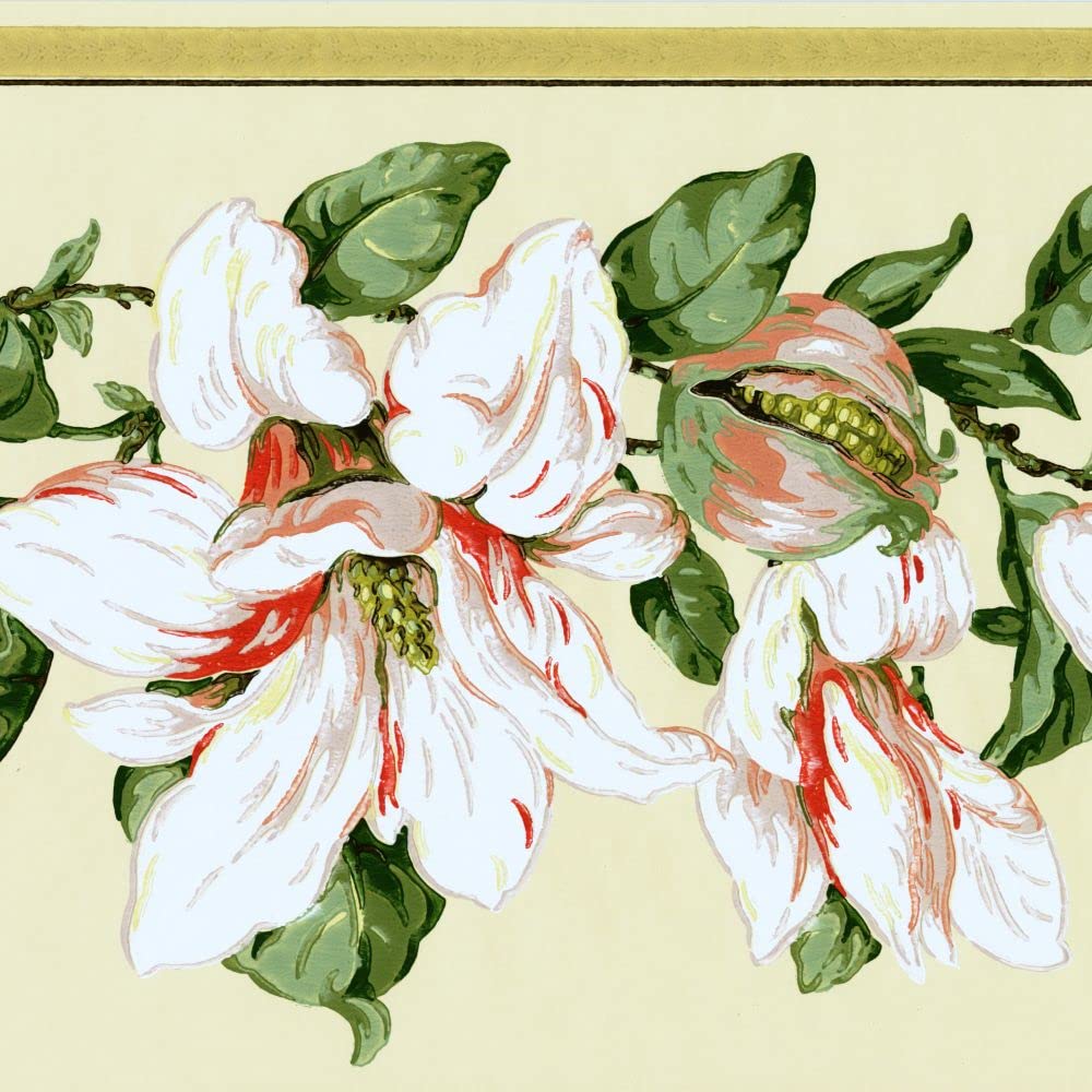 Frise de papier peint motif floral feuilles beige vert rose 4,6 m