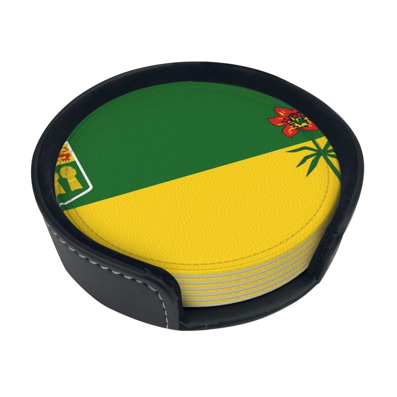 Saskatchewan Flag Leather Coasters-Set of 6 with Storage Holder
