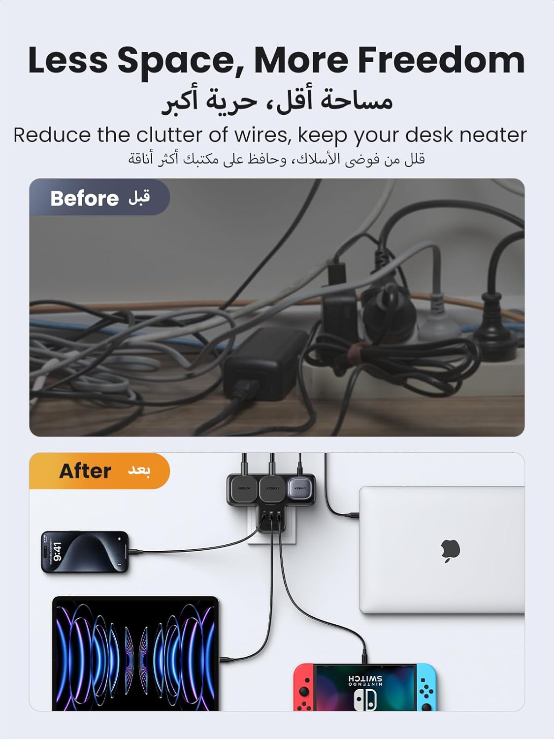 پریز برق UGREEN 6 در 1 با محافظ ولتاژ و شارژر USB‑C PD30W