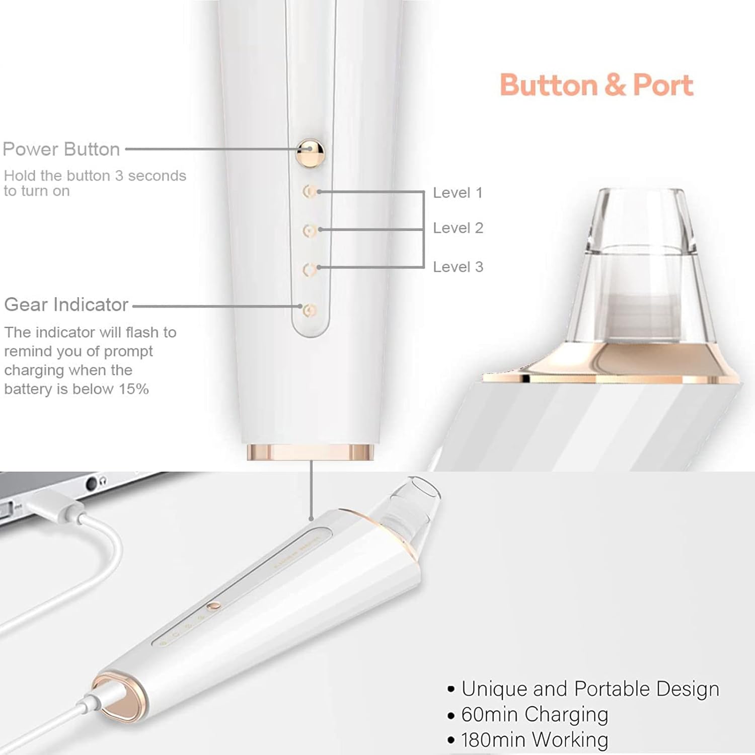 Blackhead Remover Pore Vacuum, Upgraded USB Rechargeable Facial Pore Cleaner Blackhead Removal Kit with 3 Suction Power,5 Probes Black Head Extractions Tool for Women & Men - Image 4