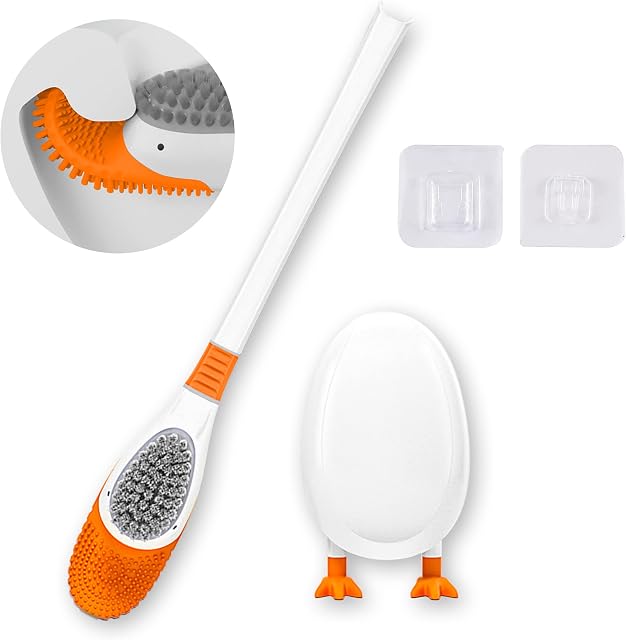 JIYISHIHOU 2 in 1Silicone Toilet Brush, Toilet Brush with Holder, Deep Cleaner Toilet Brush, and Holder Set with Drawable Base, with No-Slip Long Plastic Handle and Soft Flexible Bristles(white duck)