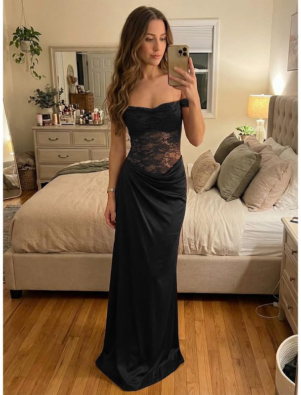 Vestido Mujer de Un Hombro con Encaje Transparente Elegante Maxi Vestidos de Fiesta Sexy Vestido Largo sin Mangas con Tirantes Finos y Abertura Alta Ajustado Vestidos para Bodas Cóctel Club
