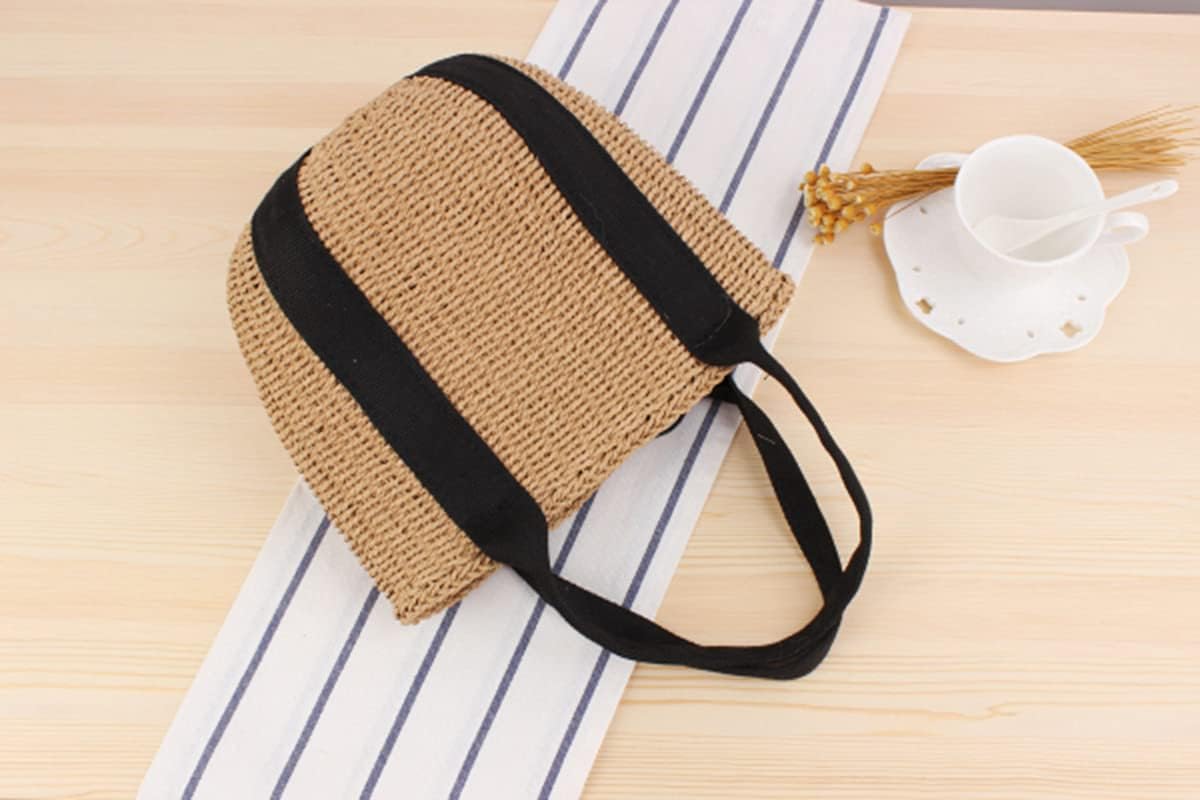 Casual Straw Bag Natural Tote Bag Women Handbag Braided Garden Bag Rattan Handwoven Bucket Hand Worn Straw Bag Black Canvas Summer Holiday Beach Bag Retro, brown, 28*22*15 cm