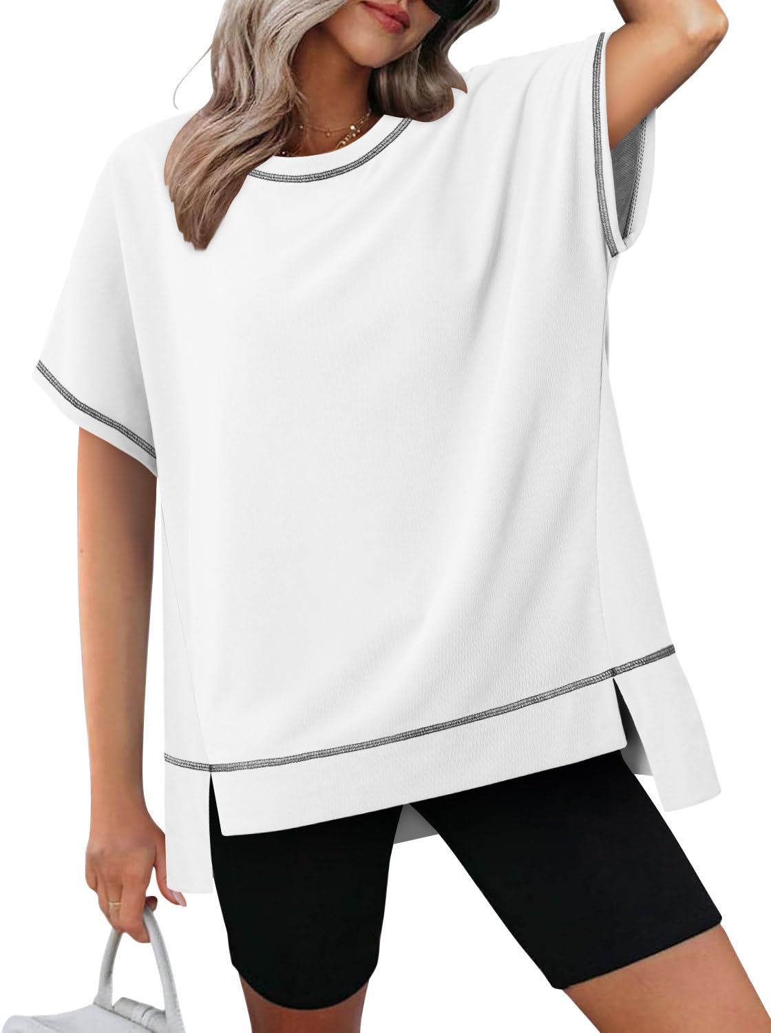 KISSMODA Oversized T Shirts for Women Crew Neck Short Sleeve Casual Summer Tops Loose High Low Blouse