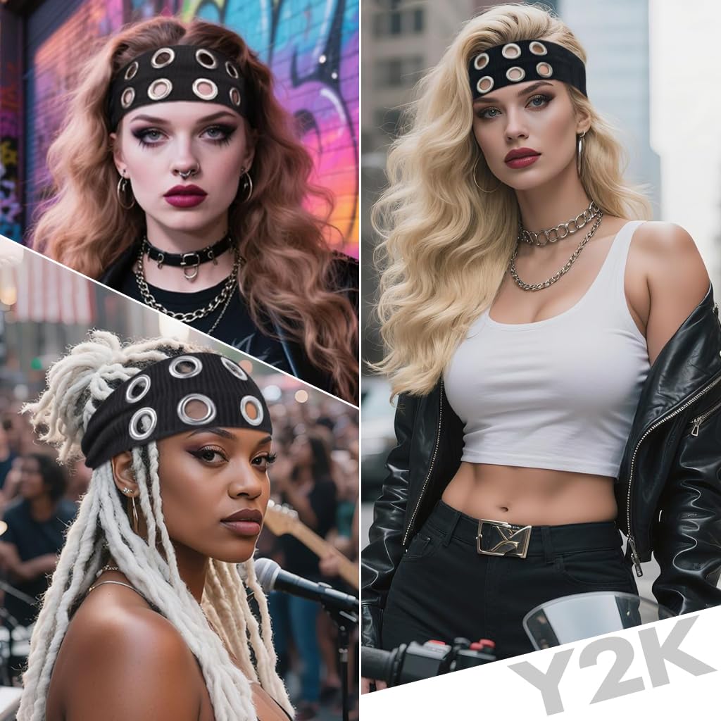 SANNIDHI® Hairband for Woman Black Hollow Out Eyelets Elastic Headbands Y2K Punk Grunge Fashion Wide Headpiece Grommet Eyelet Design Hair Band Stretchy Casual Hair Accessories for Woman 3