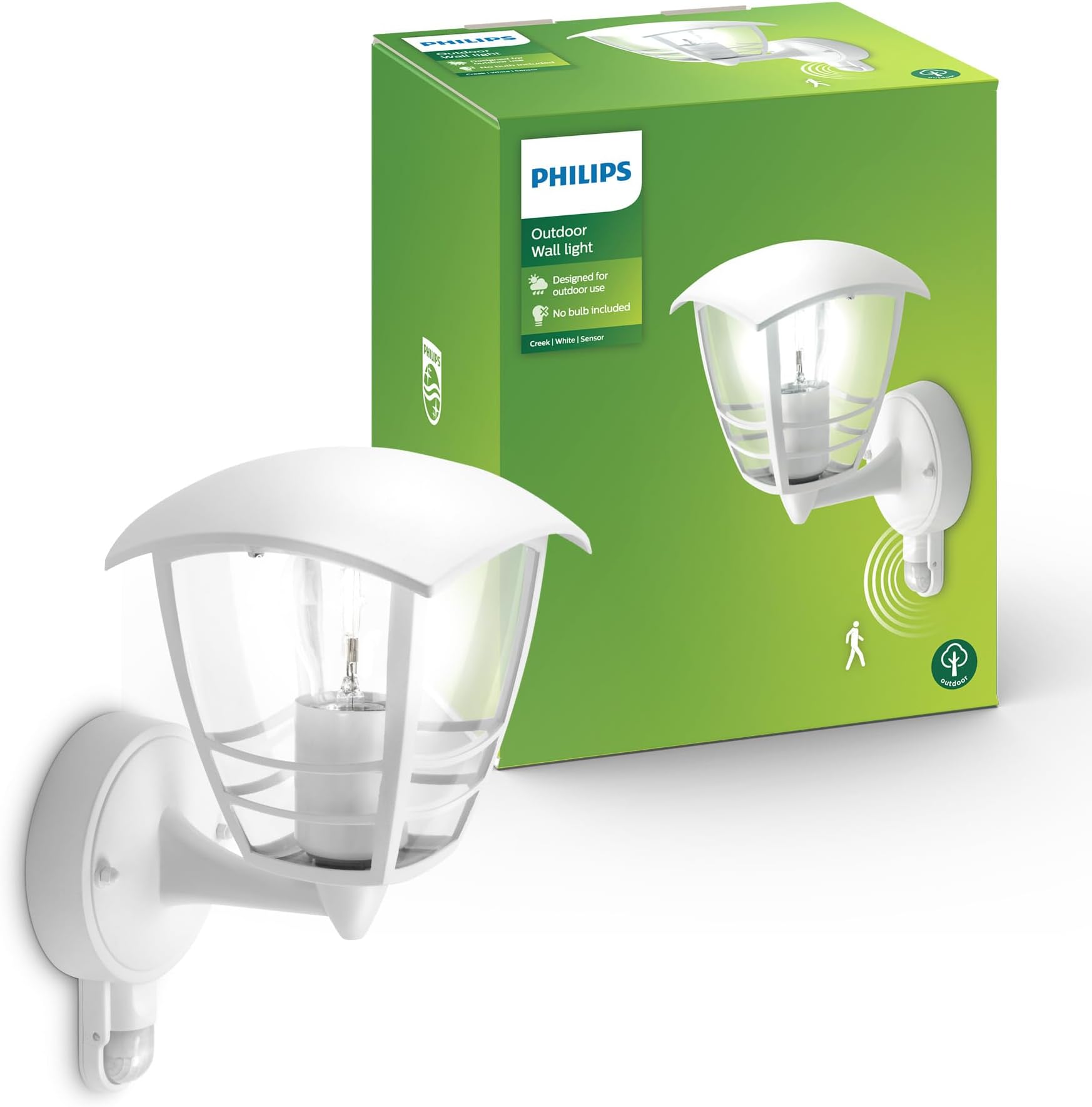 Philips Creek Outdoor Wall Light, IP44 Weather-resistant, Infrared Motion Sensor, Durable, Aluminium, Classic Design, White, E27 Bulb Sold Separately
