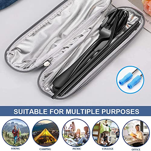 Travel Reusable Utensils Silverware With Case,Camping Cutlery Set,Chopsticks And Straw For Camping, Portable Flatware Cutlery Set With Case, Stainless Steel Travel Utensil Set 8 Piece Af(Black） #TOP3