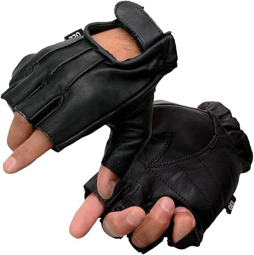 Milwaukee Leather SH206 Men's Black Leather Gel Padded Palm Fingerless Motorcycle Hand Gloves W Welted Design