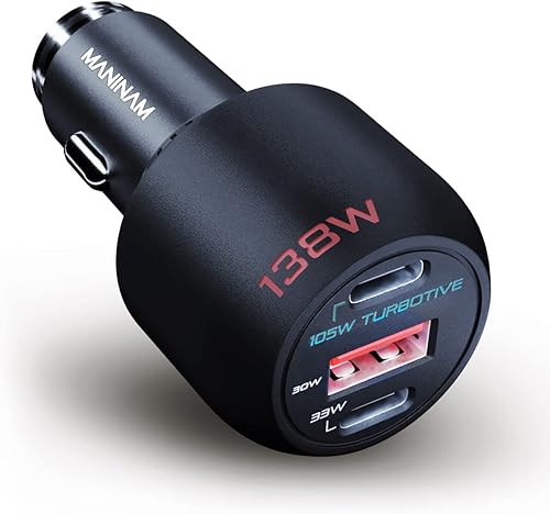 MANINAM Adaptador de cargador de coche USB C de metal de 138 W - Alta potencia de adaptación con múltiples USB para cubrir todo - 105 W tipo C PD