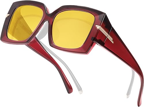 LVIOE Lentes de visión nocturna de gran tamaño para mujer para conducir ajuste sobre gafas con lentes polarizados amarillos tintados LN7519