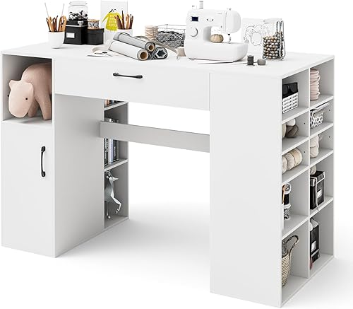 Miniatura 9 de COSTWAY Mesa de costura de 36 pulgadas de altura de mostrador, mesa de arte de 53 pulgadas con 14 compartimentos abiertos, estante ajustable de 3