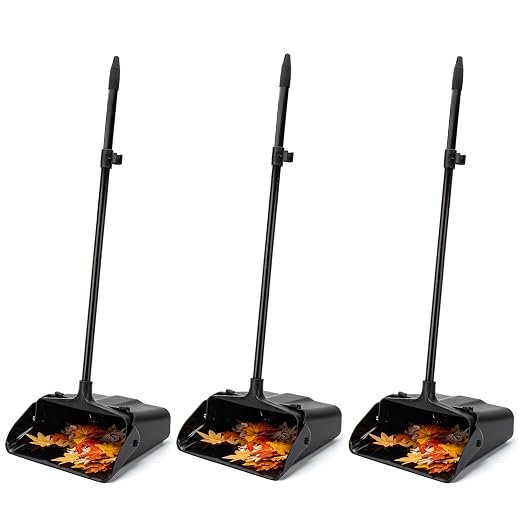 3 Pack Dustpan with Long Handle, 37’’ Upright Dust Pan, Heavy Duty Standing up Dustpans for Indoor, Outdoor, Home, Office, Commercial, Industrial, Shop