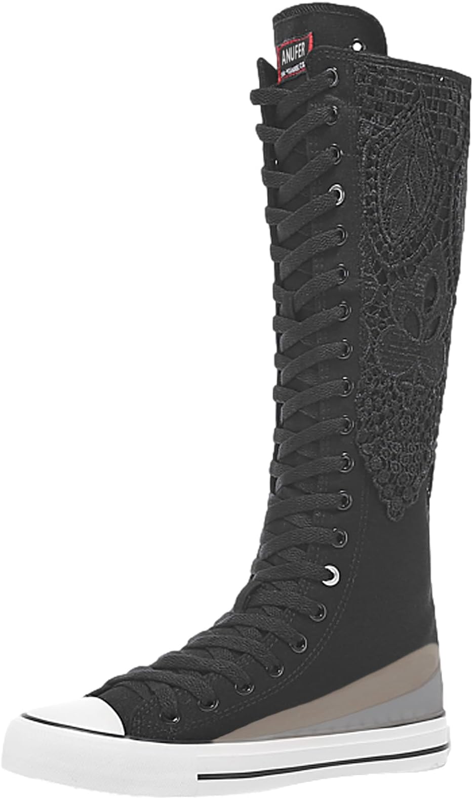 ANUFER Girl's Women's Knee High Canvas Boots Lace-up Zip Flat Sports Shoes