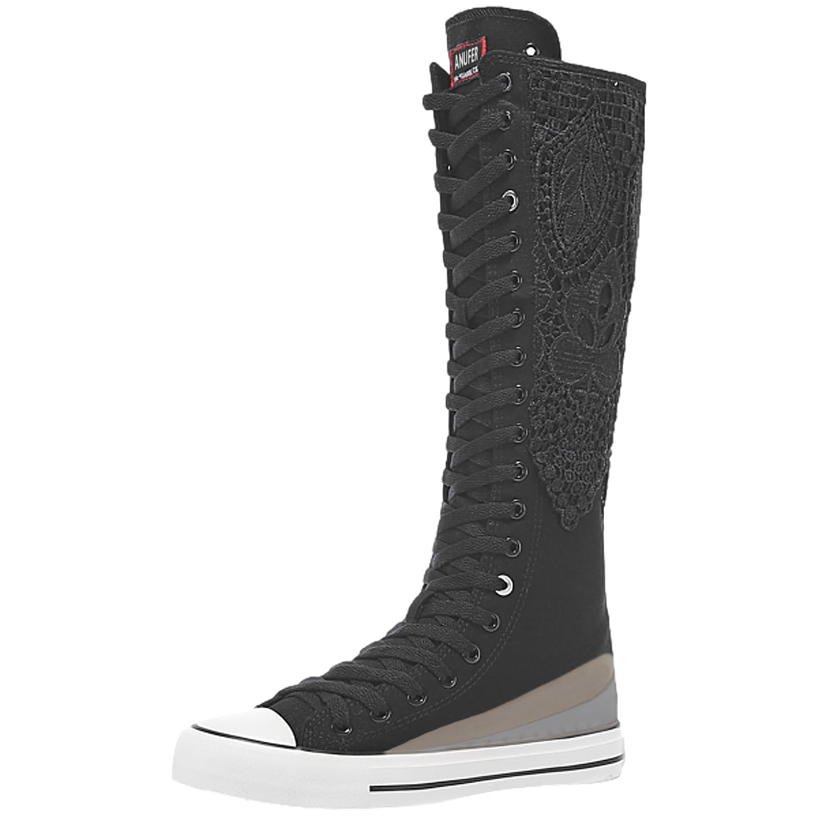 ANUFER Girl's Women's Knee High Canvas Boots Lace-up Zip Flat Sports Shoes