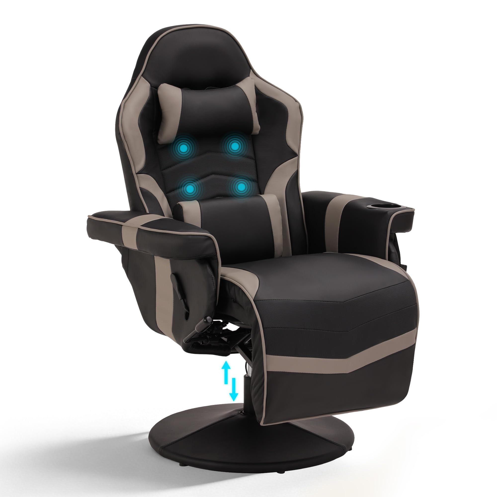 Relaxsessel Fernsehsessel mit Liegefunktion, Massage Gaming Stuhl mit Höhenverstellbar & 360° Drehbar, Ergonomischer Racing Gaming Sessel Wohnzimmer, Manuell Verstellbar (Gray)