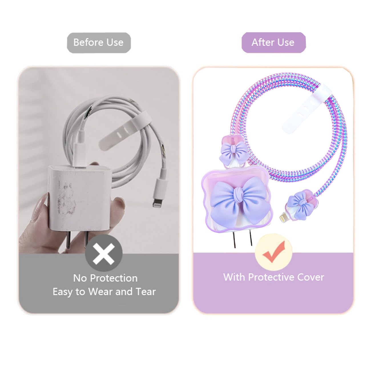 DIY Cable Protector Charger Wire Saver, 5 in 1 Data Cable 18W/20W USB-C Charger Case Line Cord Protector Compatible with iPhone 11 12 13 14 15 Pro Max - Excluding Charger and Cable (Purple Bow)