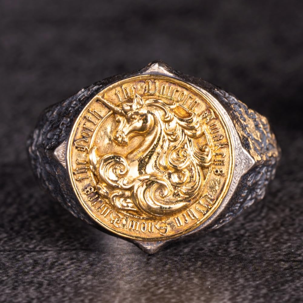 Anillo de unicornio de plata de ley 925 de dos tonos para hombre, abierto y ajustable